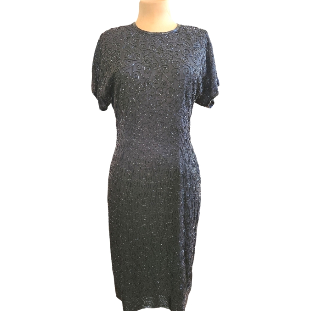 VINTAGE 1980s SISTER MAX Beaded Silk Sheath Cocktail Dress - Size M - Picture 2 of 10